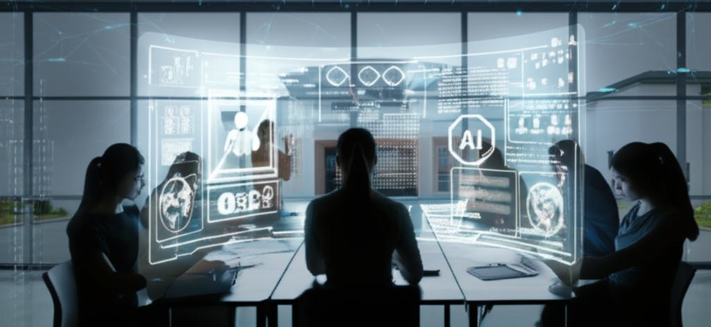 AI가 생성한 학생부 내용을 검토하는 교사와 이를 통해 미래를 고민하는 학생, 그리고 입시를 상징하는 대학교 건물이 어우러진 미래 교육 현장의 모습.