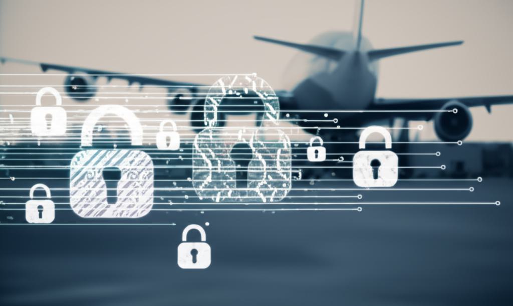 디지털 자물쇠와 흐르는 데이터 라인, 그리고 배경의 비행기가 어우러져 데이터 유출과 사이버 보안 위협을 상징하는 이미지