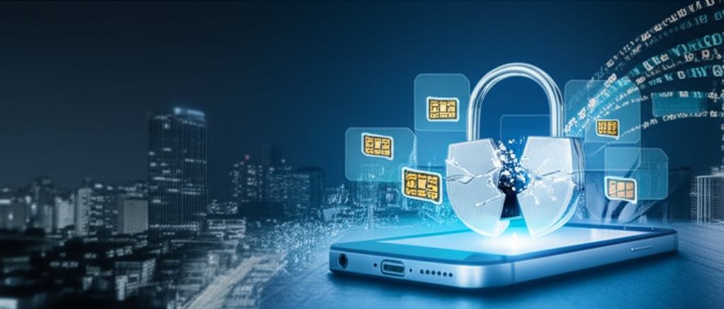 유심 해킹으로 인해 보안이 뚫린 휴대전화와 잠금장치가 파손된 모습을 보여주는 이미지. 디지털 데이터 흐름이 주변을 감싸고 있으며, 현대 통신 보안의 취약성을 시사한다.