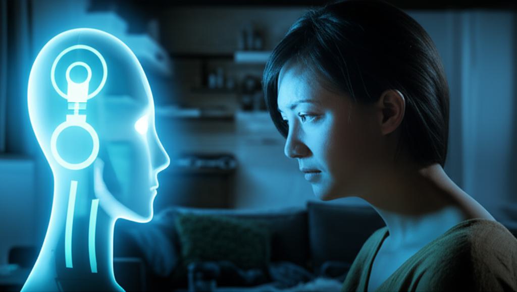 AI 챗봇에 몰두하여 현실 세계와 단절된 듯한 한 남성의 모습. AI와의 관계가 현실 세계에 미치는 부정적인 영향을 상징적으로 보여준다.