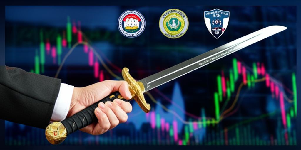 주식 시장 불공정 거래를 척결하기 위한 한국 정부의 강력한 의지를 상징하는 이미지. 법 집행 기관의 로고와 함께 질서 확립을 위한 결연한 모습이 담겨있다.