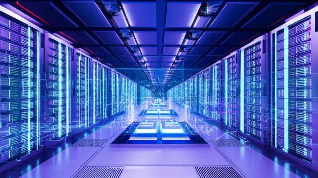 A futuristic data center bathed in blue and purple light, showcasing rows of powerful servers and glowing AI chips, symbolizing Nvidia's dominance in the artificial intelligence and technology sectors.