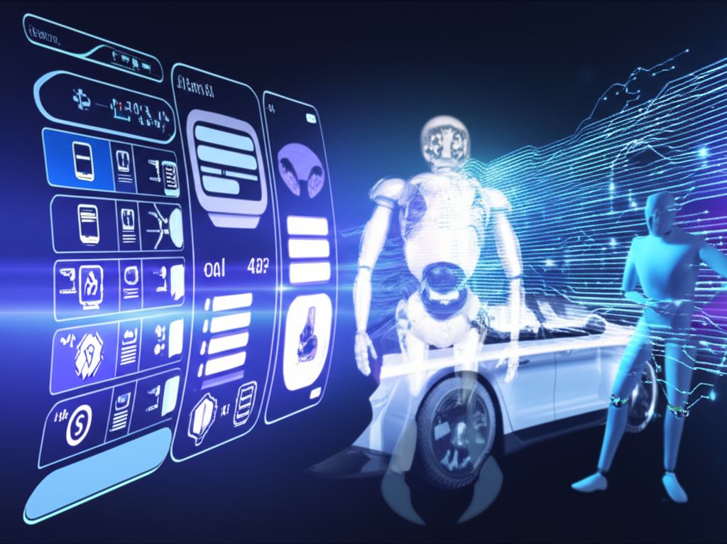 엘론 머스크의 최신 AI 챗봇 그록-4 인터페이스가 데이터와 지식의 추상적인 표현에 둘러싸여 있으며, 테슬라 차량 내부와 휴머노이드 로봇 옵티머스의 모습이 배경에 흐릿하게 보인다. 미래지향적이고 혁신적인 기술의 발전을 상징한다.