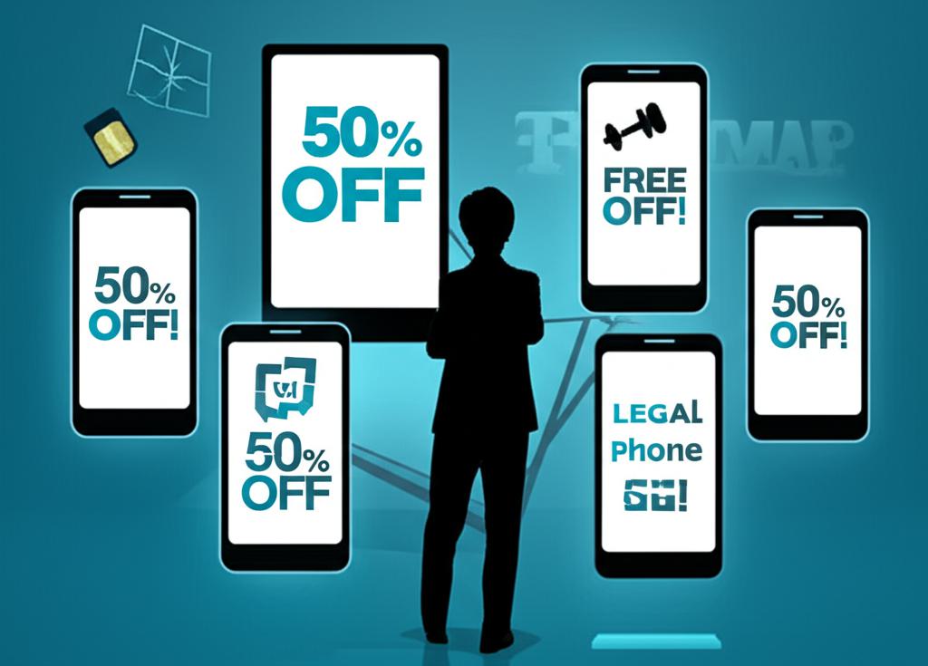A person carefully examining multiple smartphone screens displaying tempting but potentially misleading discount offers, symbolizing the complex and often deceptive mobile telecommunications market.