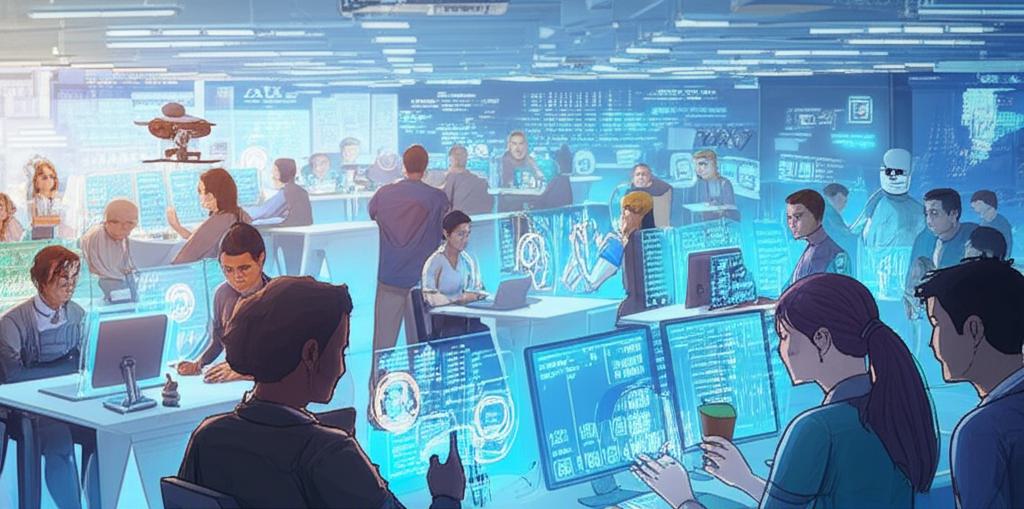 젊은 창업가들이 인공지능 기술을 활용하여 혁신적인 아이디어를 구현하고 협력하는 미래 지향적인 작업 공간의 모습