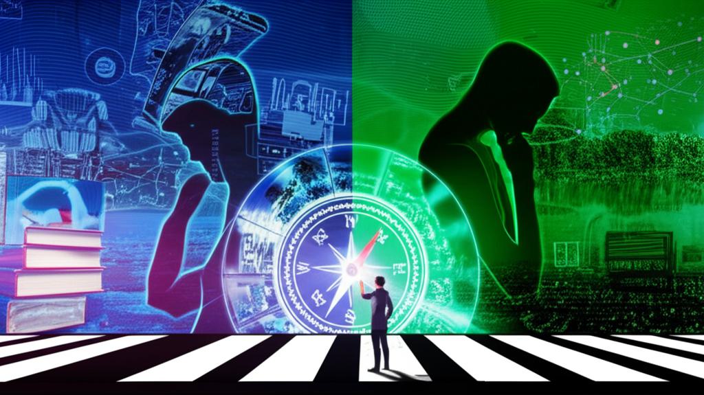 AI 기술과 인간의 사고가 교차하는 지점에서 한 사람이 나침반을 들고 서 있는 모습. AI 시대에 문제 해결 능력과 비판적 사고의 중요성을 상징한다.