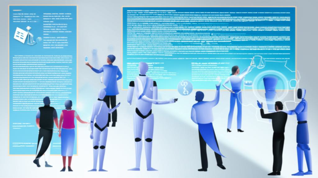 AI와 로봇이 법률 서비스를 제공하는 미래형 사무실에서 사람들이 법률 문서 작업을 쉽게 하는 모습