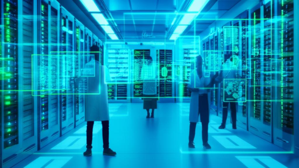 안전하게 운영되는 AI 시스템을 감독하는 인간 과학자들의 모습과 미래지향적인 데이터 센터. AI와 인간의 협력을 통한 안전한 미래를 상징한다.