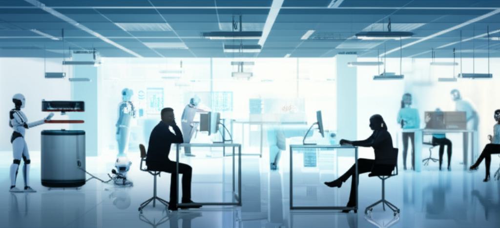 사무실 환경에서 인간 작업자와 AI 로봇이 함께 일하는 모습. AI 로봇은 인간을 돕거나 독립적으로 작업을 수행하며 협업과 잠재적인 일자리 대체 가능성을 동시에 보여준다.