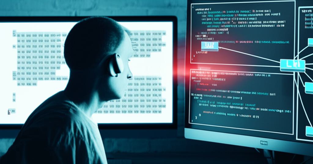 한 개발자가 LLM 기반 AI와 협업하여 소프트웨어를 개발하는 모습. 화면에는 복잡한 코드와 AI 상호작용이 시각화되어 있으며, 혁신과 잠재적 위험이 공존하는 분위기.