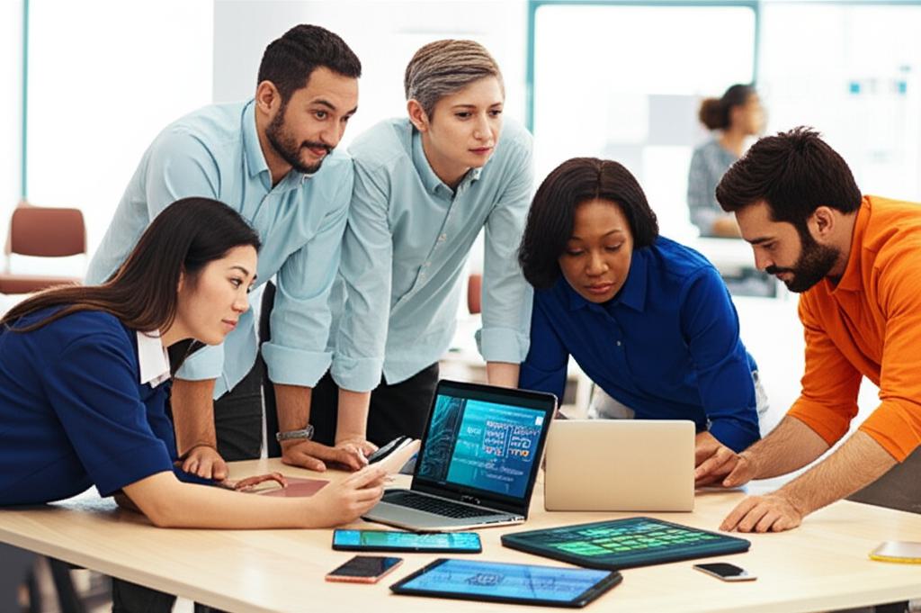 다양한 배경의 직원들이 AI 도구를 활용하며 협력하고 혁신적인 아이디어를 나누는 모습