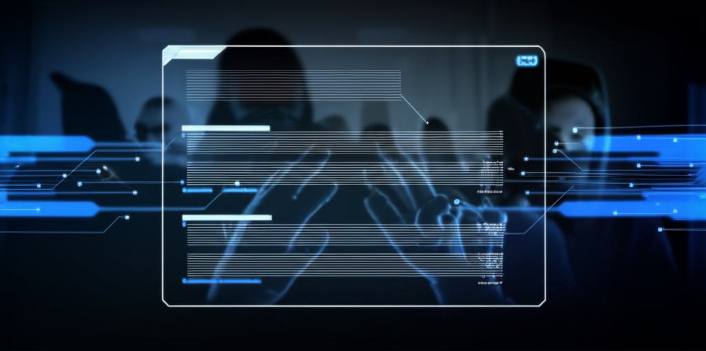 어두운 배경에서 데이터를 조작하는 그림자가 드리워진 챗봇 인터페이스. AI 오용으로 인한 사이버 범죄의 위험성을 경고하는 이미지.