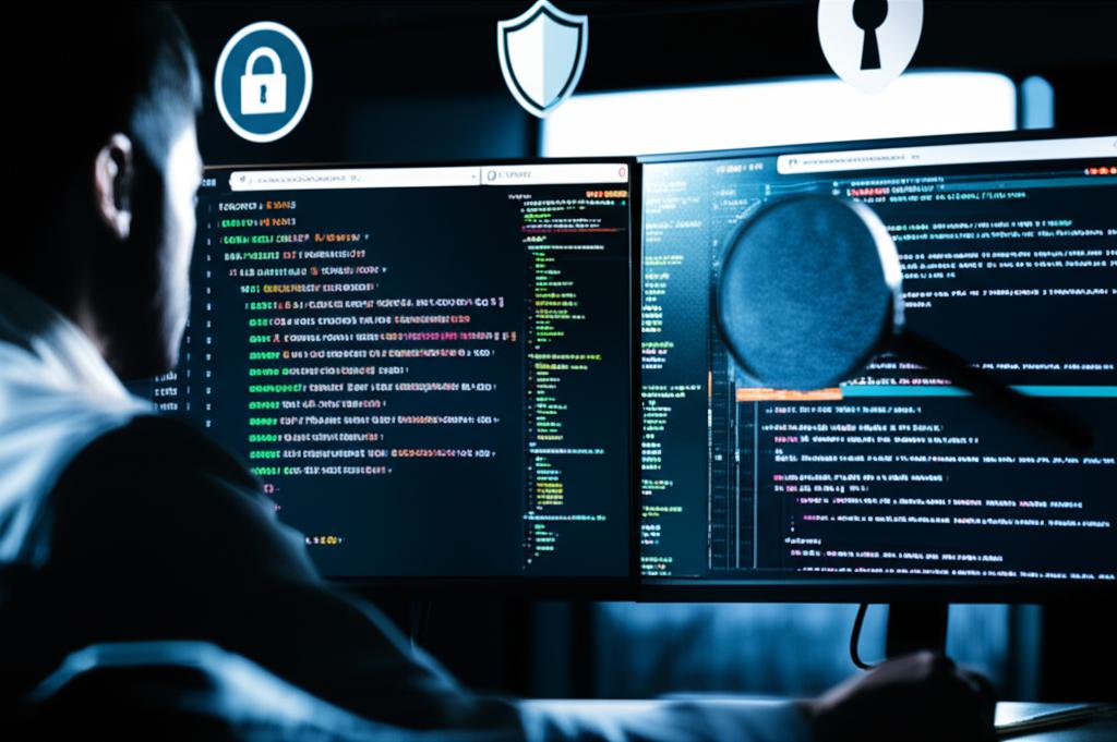 AI가 생성한 코드를 신중하게 검토하며 잠재적 보안 취약점을 찾는 개발자의 모습. 혁신과 경계심이 공존하는 분위기 속에서 AI 코딩의 미래를 암시한다.