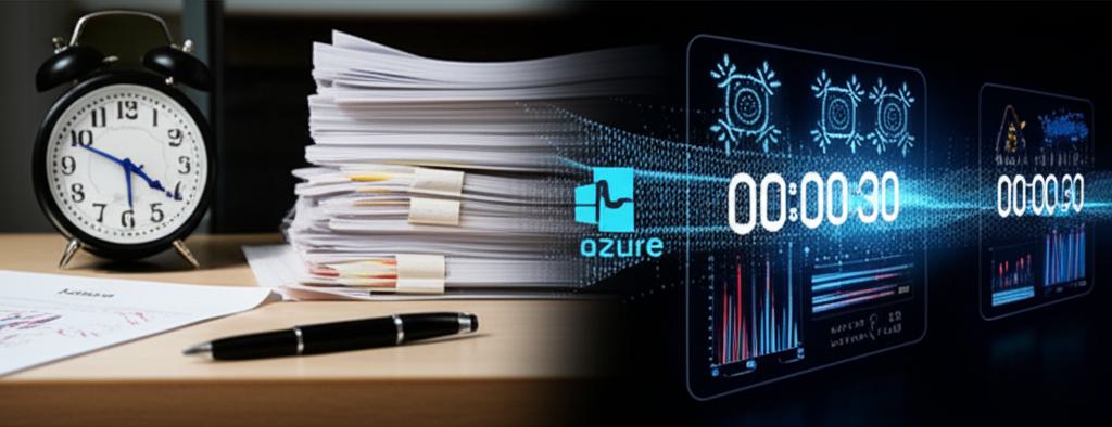 AI 기반 솔루션으로 10분 걸리던 자산 관리 업무가 30초로 단축되는 과정을 시각적으로 표현한 이미지. 기존의 수동 작업과 현대적인 AI 기반 자동화 시스템이 대비되며, 금융 데이터 흐름과 속도감을 강조합니다.