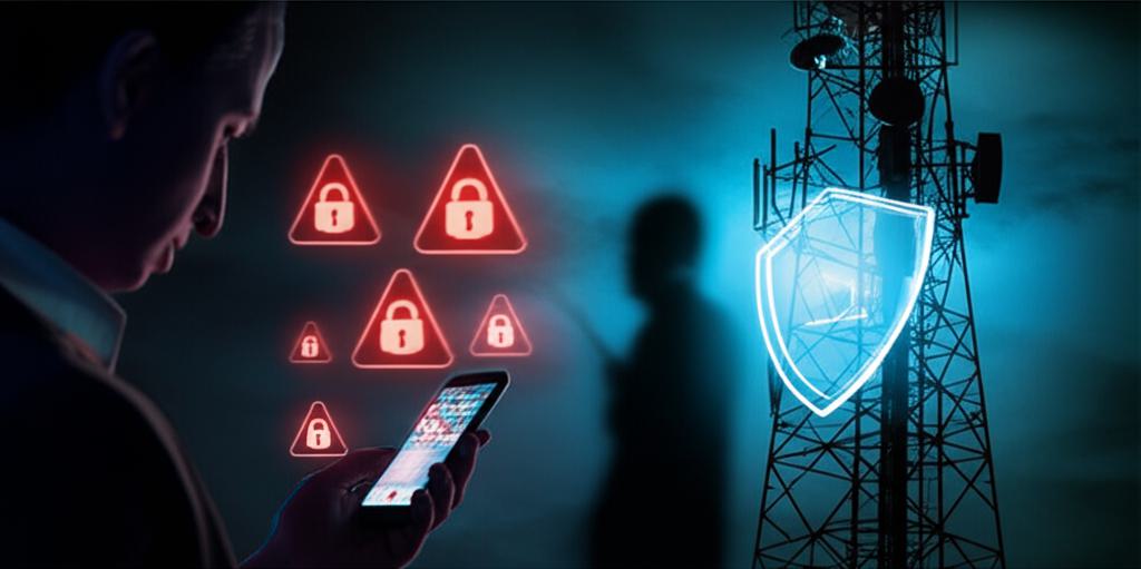 불법 기지국에 의해 해킹당하는 통신탑과 걱정스러운 표정으로 스마트폰을 보고 있는 사용자. 사이버 보안 위협을 상징하는 디지털 아이콘들이 주변에 떠다닌다.