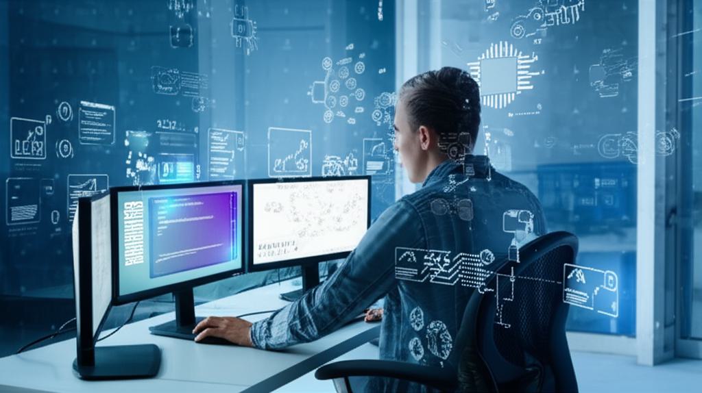 AI와 협업하여 코딩하고 있는 개발자의 모습. 화면에는 복잡한 코드와 AI 도구들이 시각적으로 표현되어 있으며, 미래지향적인 분위기를 연출한다.