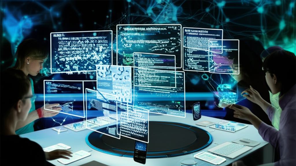 다양한 개발자들이 AI 네이티브 애플리케이션을 개발하고 있는 미래 지향적인 소프트웨어 개발 환경. 코드와 AI 모델이 홀로그래픽 인터페이스에 시각적으로 표현되어 있으며, Rulebook-AI가 중앙에 표시되어 표준화된 개발 가이드라인을 보여준다. 주변에는 모바일 및 IoT 기기들이 놓여 있어 엣지 컴퓨팅의 중요성을 강조한다.