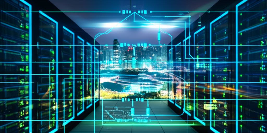 대한민국 도시 야경을 배경으로 빛나는 보안 라인이 서버를 보호하는 미래형 데이터 센터. 취약성과 강력한 방어를 동시에 보여주는 이미지.