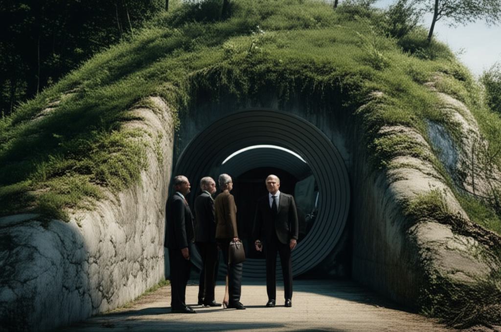 자연 경관 속에 교묘하게 숨겨진, 첨단 기술이 적용된 호화로운 지하 벙커 입구. 억만장자들이 불확실한 미래를 응시하고 있다.